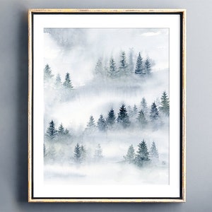 Abstract Painting Misty Forest Print, Watercolor Landscape Nature Print, Blue Grey Artwork for Walls, Foggy Trees Living Room Wall Decor
