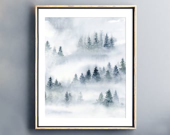 Abstract Painting Misty Forest Print, Watercolor Landscape Nature Print, Blue Grey Artwork for Walls, Foggy Trees Living Room Wall Decor