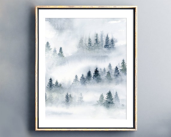 Abstract Painting Misty Forest Print, Watercolor Landscape Nature Print, Blue Grey Artwork for Walls, Foggy Trees Living Room Wall Decor