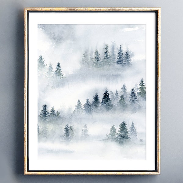 Peinture abstraite Misty Forest Print, Aquarelle Paysage Nature Print, Blue Grey Artwork for Walls, Foggy Trees Living Room Wall Decor