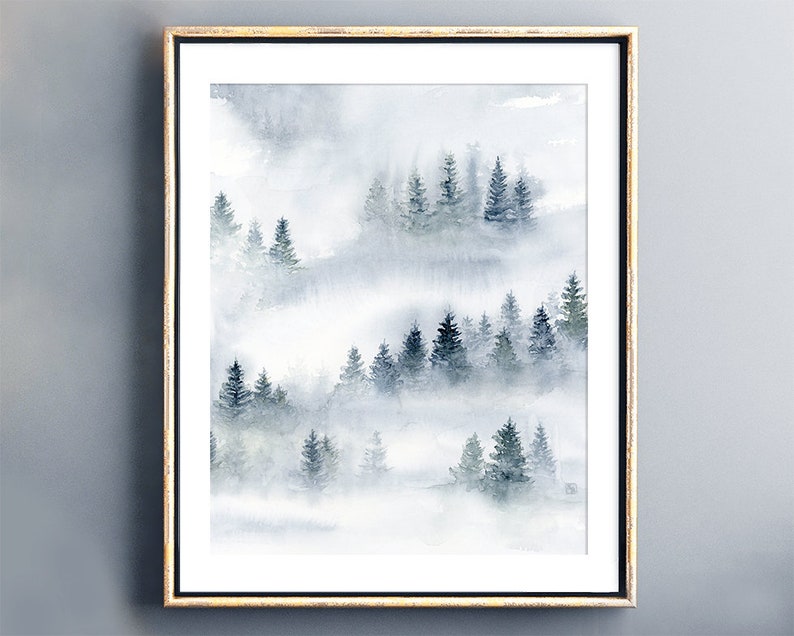 Abstract Painting Misty Forest Print, Watercolor Landscape Nature Print, Blue Grey Artwork for Walls, Foggy Trees Living Room Wall Decor