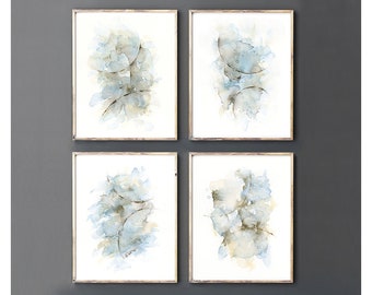 Abstract Art Print Set of 4 Watercolor Paintings, Matching Pictures, Bedroom Wall Decor Over the Bed, Zen Spa Bathroom Wall Art, Blue Gray