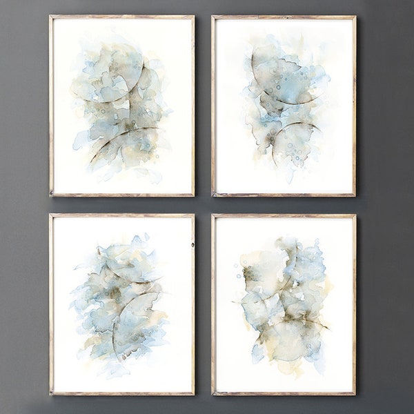 Abstract Art Print Set of 4 Watercolor Paintings, Matching Pictures, Bedroom Wall Decor Over the Bed, Zen Spa Bathroom Wall Art, Blue Gray