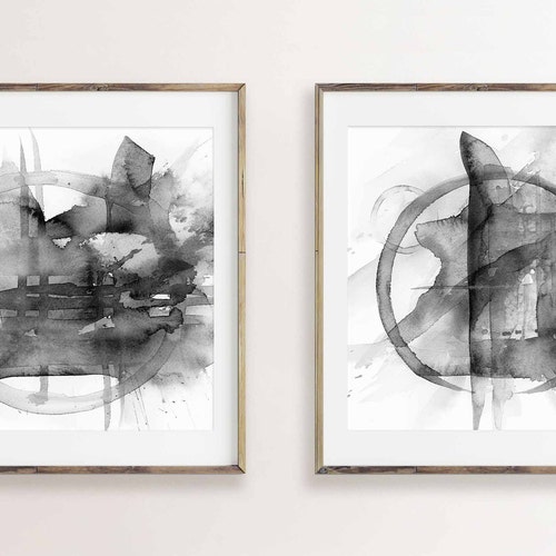 Black White Grey Abstract Art Print Set of 2 Abstract Etsy