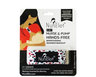 May include: A white and blue patterned breastfeeding reminder bracelet with the text "NursElet" and "2 in 1 Nurse & Pump Hands-Free Breastfeeding Reminder Bracelet". The packaging also features a black and white illustration of a woman breastfeeding a baby.