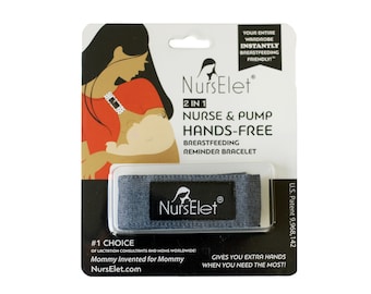 May include: A blue denim breastfeeding reminder bracelet, packaged on a white card. The card features a graphic of a mother and child, and text that reads "NursElet 2 in 1 Nurse & Pump Hands-Free Breastfeeding Reminder Bracelet".