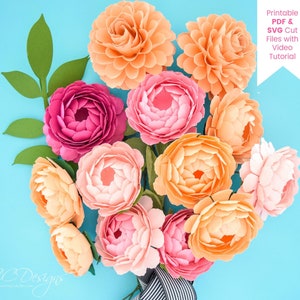 Kleine Papierblume SVG, Pfingstrose und Dahlie Blumenmuster und Vorlagen, Papierblumen Kit, Instant Download