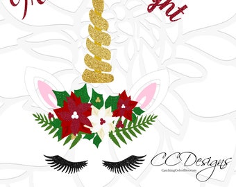 Christmas Unicon Head SVG, Cute Unicorn Face, Svg Cut Files, Unicorn with eyelashes,  HTV Decal, Unicorn Clip Art, SVG, Dxf, Eps, Png, Pdf