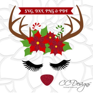 Rode neus Rudolph Reindeer SVG-bestand knippen, Rudolph Head, kerstster bloem SVG-bestanden knippen, hertengewei, kerst-SVG's, herten SVG