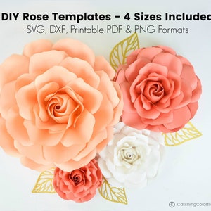 Modelli di fiori di carta giganti stampabili e file di taglio SVG, modello fai da te per rose di carta di grandi dimensioni con tutorial, set di 4 misure