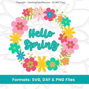 File di taglio SVG Hello Spring, SVG ghirlanda floreale primaverile, SVG cornice floreale circolare, SVG corona d'alloro