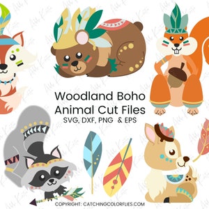 Ensemble tribal tribal des bois animaux, clipart animaux de la forêt Boho mignon, renard SVG coupe fichier, baby shower et chambre de bébé sur le thème de la forêt
