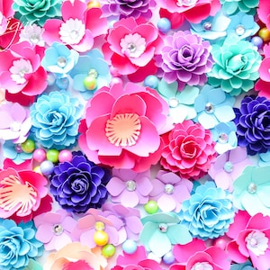 Small Paper Flowers, Paper Flower SVG Cut Files, Pink Paper Roses, Mini Flowers, Printable PDFs & SVG Cut Files, Unicorn Party Decor