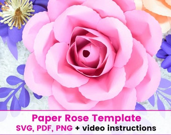 Afdrukbare Paper Rose-sjabloon, Paper Rose SVG-bloemsjabloon, DIY grote papieren bloemen