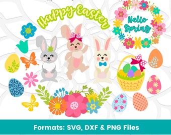 Paquete de archivos de corte SVG de Pascua, SVG de conejito de Pascua, SVG de huevos de Pascua, SVG de corona de flores de primavera, archivos de corte para Cricut