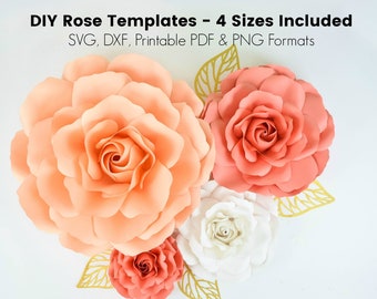 Set von 4 Papier Rose Vorlagen, Papier Rose Blume SVG geschnitten Dateien und PDF druckbare Muster, extra groß, groß, mittel und klein