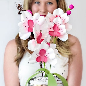 Modelli di orchidee di carta e tutorial sui fiori, composizione fai da te di orchidee di carta per fiori da matrimonio, bouquet di carta, fiori di carta SVG