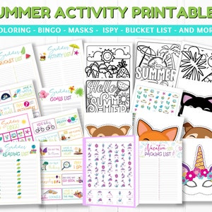 May include: A collection of printable summer activity sheets for kids. The sheets include a bucket list, activity list, goals list, bingo card, reading list, I Spy game, coloring pages, and masks. The sheets are decorated with summer themes like ice cream, watermelon, and beach umbrellas.