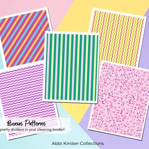 May include: Five printable patterns for use as dividers in a cleaning binder. The patterns include pink and blue stripes, green and yellow stripes, pink and purple wavy lines, green and yellow wavy lines, and a pink background with small purple and pink leaves.