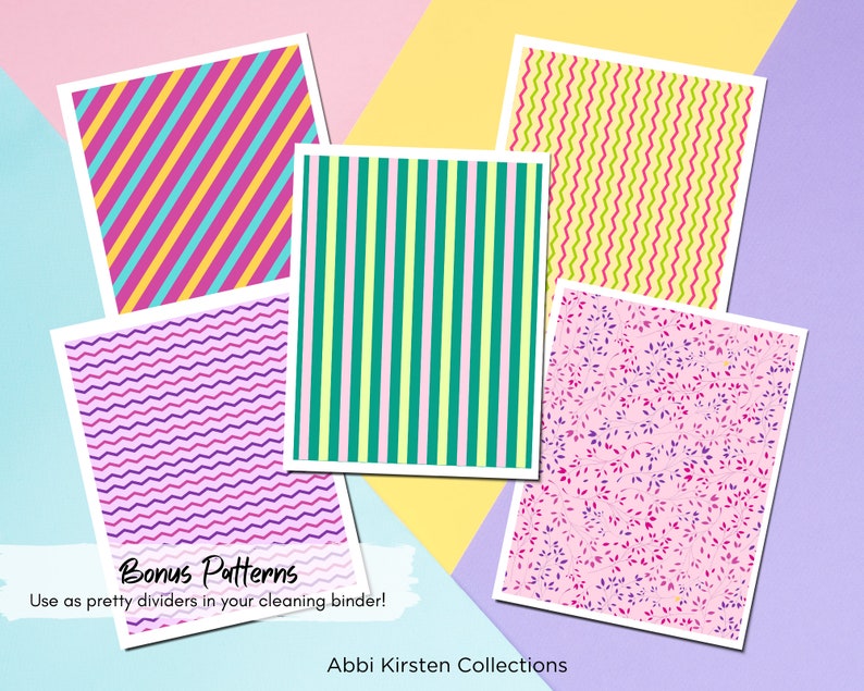 May include: Five printable patterns for use as dividers in a cleaning binder. The patterns include pink and blue stripes, green and yellow stripes, pink and purple wavy lines, green and yellow wavy lines, and a pink background with small purple and pink leaves.