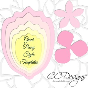 May include: A set of five layered paper flower templates in shades of pink and yellow. The templates are shaped like a peony flower and are labeled "Giant Peony Style Templates".