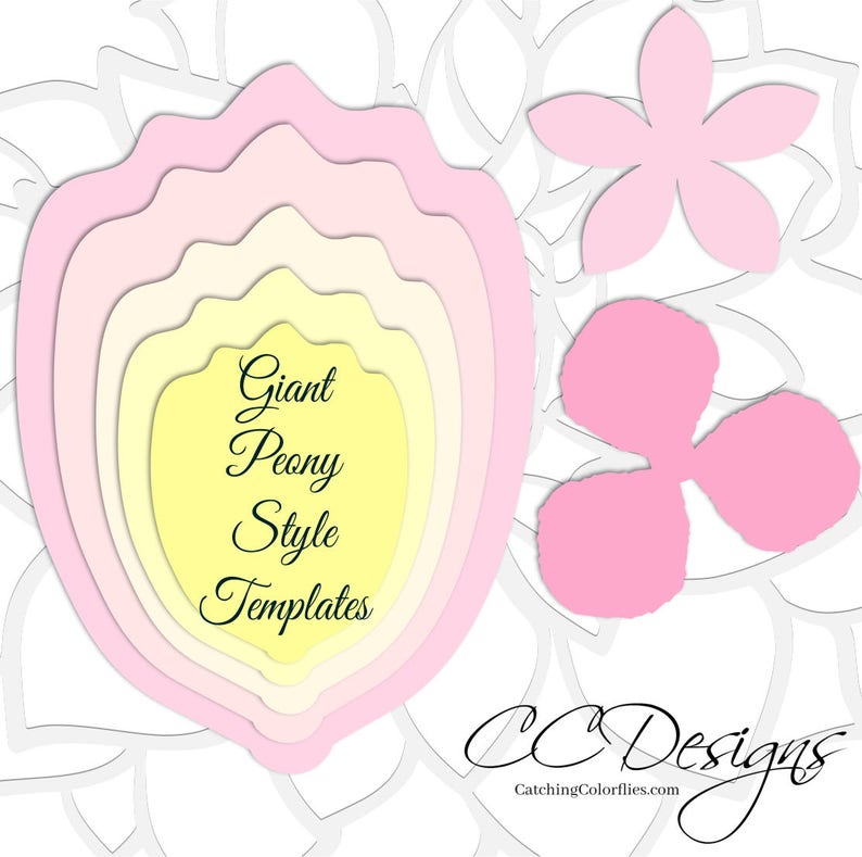 May include: A set of five layered paper flower templates in shades of pink and yellow. The templates are shaped like a peony flower and are labeled "Giant Peony Style Templates".