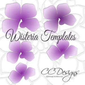 May include: Five purple wisteria flower templates on a white background with the text "Wisteria Templates" and "CC Designs CatchingColorflies.com".