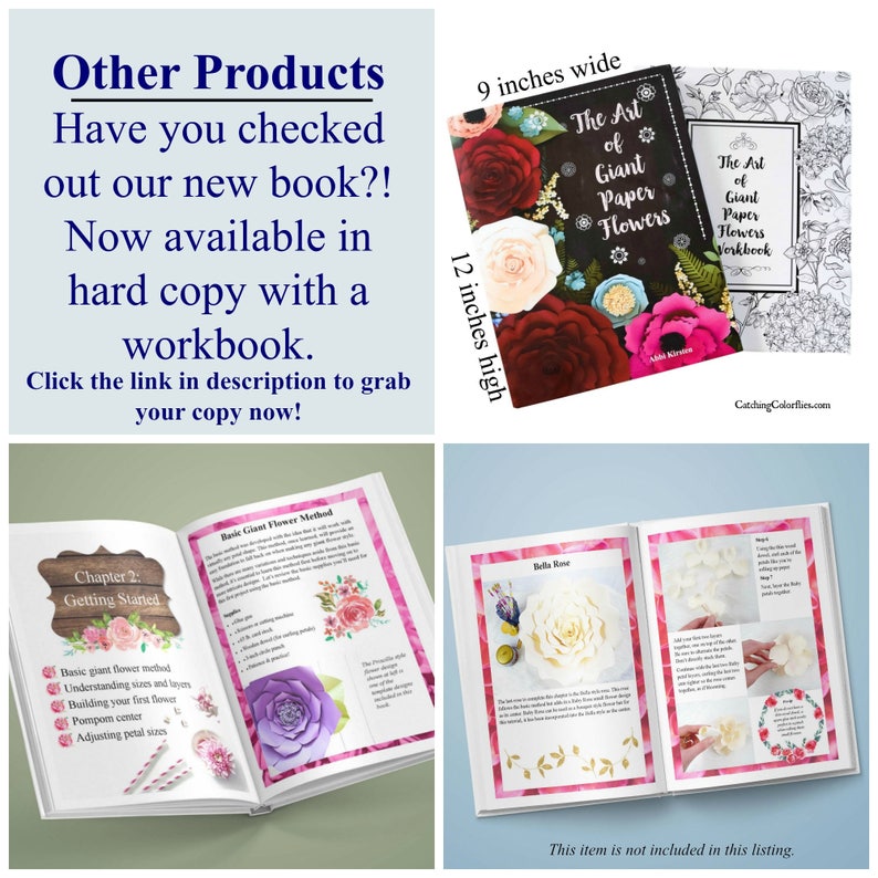 May include: A book titled "The Art of Giant Paper Flowers Workbook" with a black cover and colorful paper flowers. The book is 9 inches wide and 12 inches high. The book is open to a page showing instructions for making a paper flower.