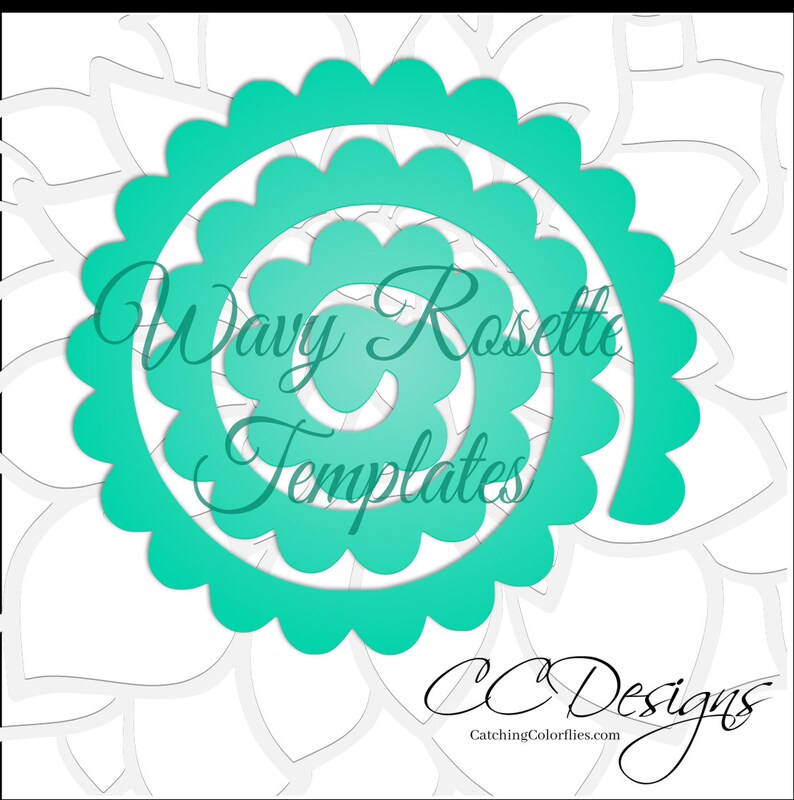 May include: A teal blue wavy rosette template with the text "Wavy Rosette Templates" and "CC Designs CatchingColorflies.com" in black.