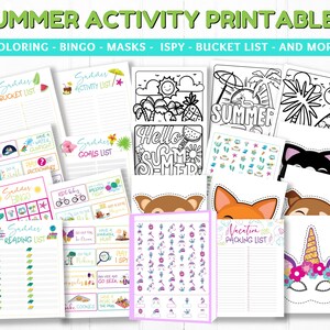 May include: A collection of printable summer activity sheets for kids. The sheets include a bucket list, activity list, goals list, bingo card, reading list, I Spy game, coloring pages, and masks. The sheets are decorated with summer themes like ice cream, watermelon, and beach umbrellas.
