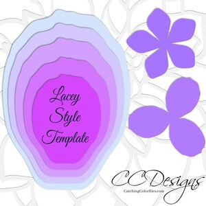 May include: A layered paper flower template with the text "Lacey Style Template" in black cursive font. The template is in shades of purple and blue. The image also includes two purple paper flower shapes.