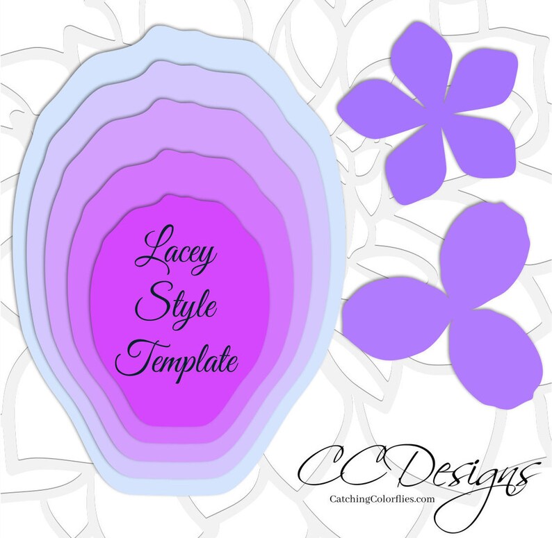 May include: A layered paper flower template with the text "Lacey Style Template" in black cursive font. The template is in shades of purple and blue. The image also includes two purple paper flower shapes.