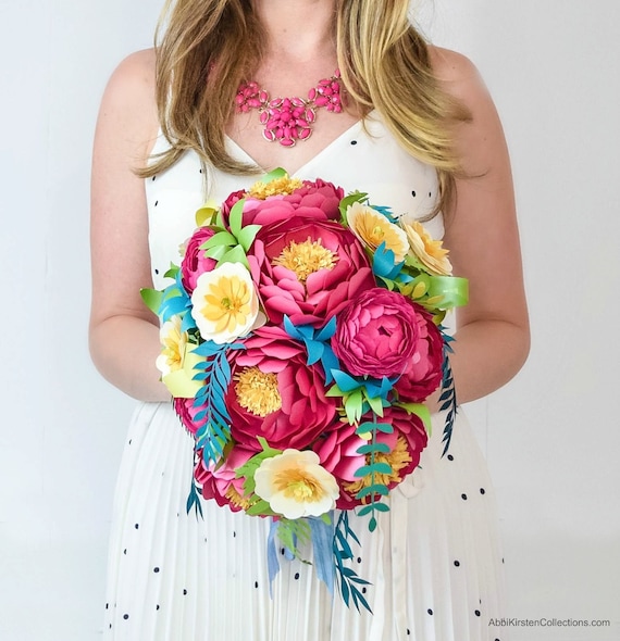 DIY Cascading Paper Flower Bouquet Tutorial, Paper Dahlias, Peony Template, Paper Flower SVG, Alternative Bouquet, Leaf & Vine Templates Il_570xn