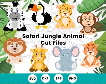 Jungle safari dieren gesneden SVG-bestanden, safari jungle babyshower, jungle verjaardagsfeestje decor, schattige jungle dieren,