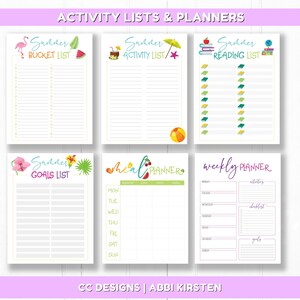 May include: Printable summer themed planner pages with a variety of lists and planners. The pages include a bucket list, activity list, reading list, goals list, meal planner, and weekly planner. Each page features a different summer themed illustration.