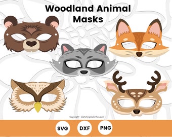 Woodland Animal Masks for Birthday Party, Fox Bear Raccoon Deer and Owl SVG Cut Files, Fox mask SVG, SVG for Cricut or Silhouette