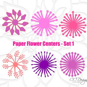 May include: Set of six paper flower centers in various shades of pink, purple, and coral. The flower centers are designed to be used in paper flower crafts. The text "Paper Flower Centers - Set 1" is displayed below the flower centers.