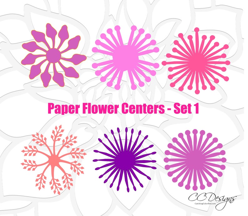 May include: Set of six paper flower centers in various shades of pink, purple, and coral. The flower centers are designed to be used in paper flower crafts. The text "Paper Flower Centers - Set 1" is displayed below the flower centers.