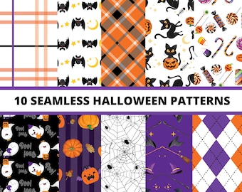 10 Digital Scrapbooking Paper Pack, Pumpkin and Witch Digital Papers, Happy Halloween Seamless Patterns, Trick or Treat