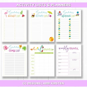 May include: Printable summer themed planner pages with a variety of lists and planners. The pages include a bucket list, activity list, reading list, goals list, meal planner, and weekly planner. Each page features a different summer themed illustration.