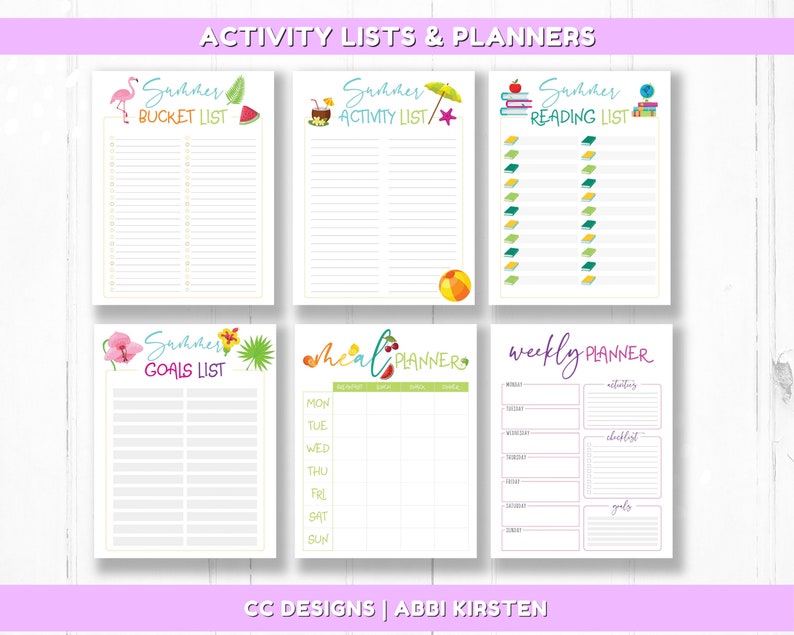May include: Printable summer themed planner pages with a variety of lists and planners. The pages include a bucket list, activity list, reading list, goals list, meal planner, and weekly planner. Each page features a different summer themed illustration.