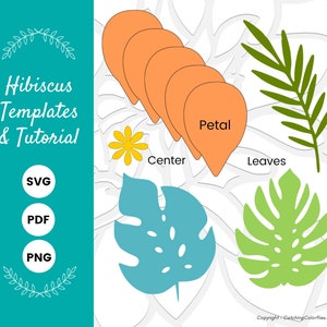 Puede incluir: Plantillas y tutorial de hibisco SVG, PDF, PNG. Instrucciones para crear una flor de hibisco de papel con p&eacute;talos, centro y hojas.
