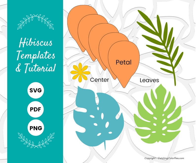 Puede incluir: Plantillas y tutorial de hibisco SVG, PDF, PNG. Instrucciones para crear una flor de hibisco de papel con p&eacute;talos, centro y hojas.