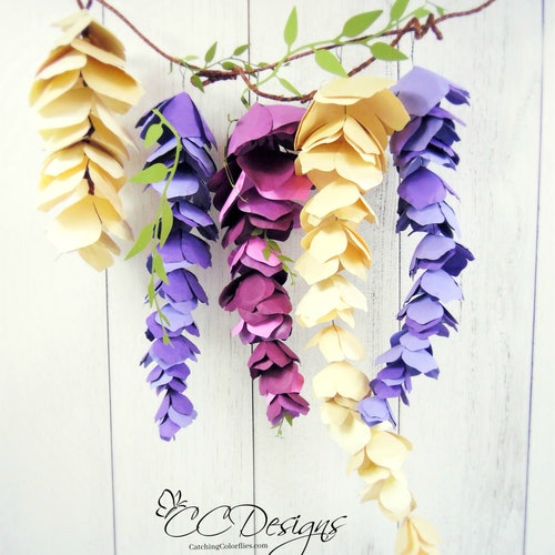Suspension de fleurs en papier de glycine, modèles de glycine, modèle de bricolage, fichiers SVG, fleurs en papier, fleurs de glycine violette, fleurs de mariage