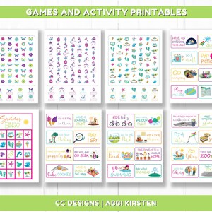 May include: A set of printable summer games and activities for kids. The games include bingo, I Spy, a scavenger hunt, and more. The activities include making a homemade slide, flying a kite, and going to the zoo.