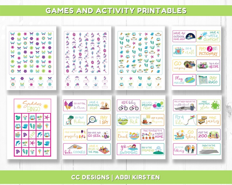 May include: A set of printable summer games and activities for kids. The games include bingo, I Spy, a scavenger hunt, and more. The activities include making a homemade slide, flying a kite, and going to the zoo.