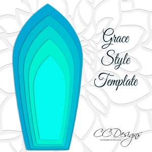 May include: A template for creating paper flowers, featuring five layers of blue, teal, and turquoise paper, with the text "Grace Style Template" and "CCDesigns CatchingColorflies.com" at the bottom.