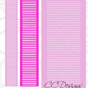 May include: Three vertical strips of pink paper with white lines running horizontally across each strip. The strips are different widths. The text "CC Designs" and "CatchingColorflies.com" is at the bottom of the image.