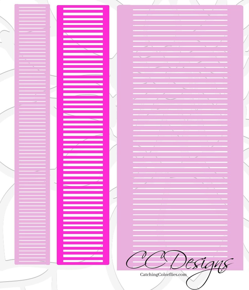 May include: Three vertical strips of pink paper with white lines running horizontally across each strip. The strips are different widths. The text "CC Designs" and "CatchingColorflies.com" is at the bottom of the image.