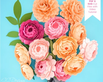 Small Peony and Dahlia Paper Flower SVG Cut Files and PDF Templates, DIY Paper Flowers, Peony Paper Bouquet, Wedding Flowers